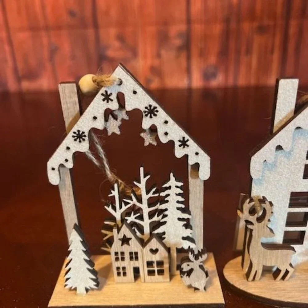 ornament Rustic Wood Christmas House Set‎ of 2 With Reindeer & Pine Trees